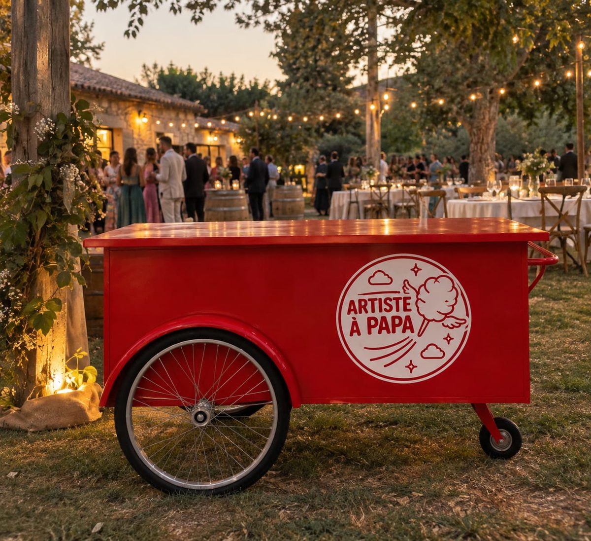 Le nouveau chariot rétro rouge d'Artiste à Papa, avec sa grande roue à rayons et son logo